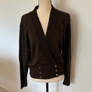 Vintage St Michael’s 100% Wool Chocolate Brown Women's Sweater Cardigan 14 Gold